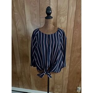 Japna Womens XL Navy Blue Striped Tie Front‎ Blouse 3/4 Sleeve Keyhole Top